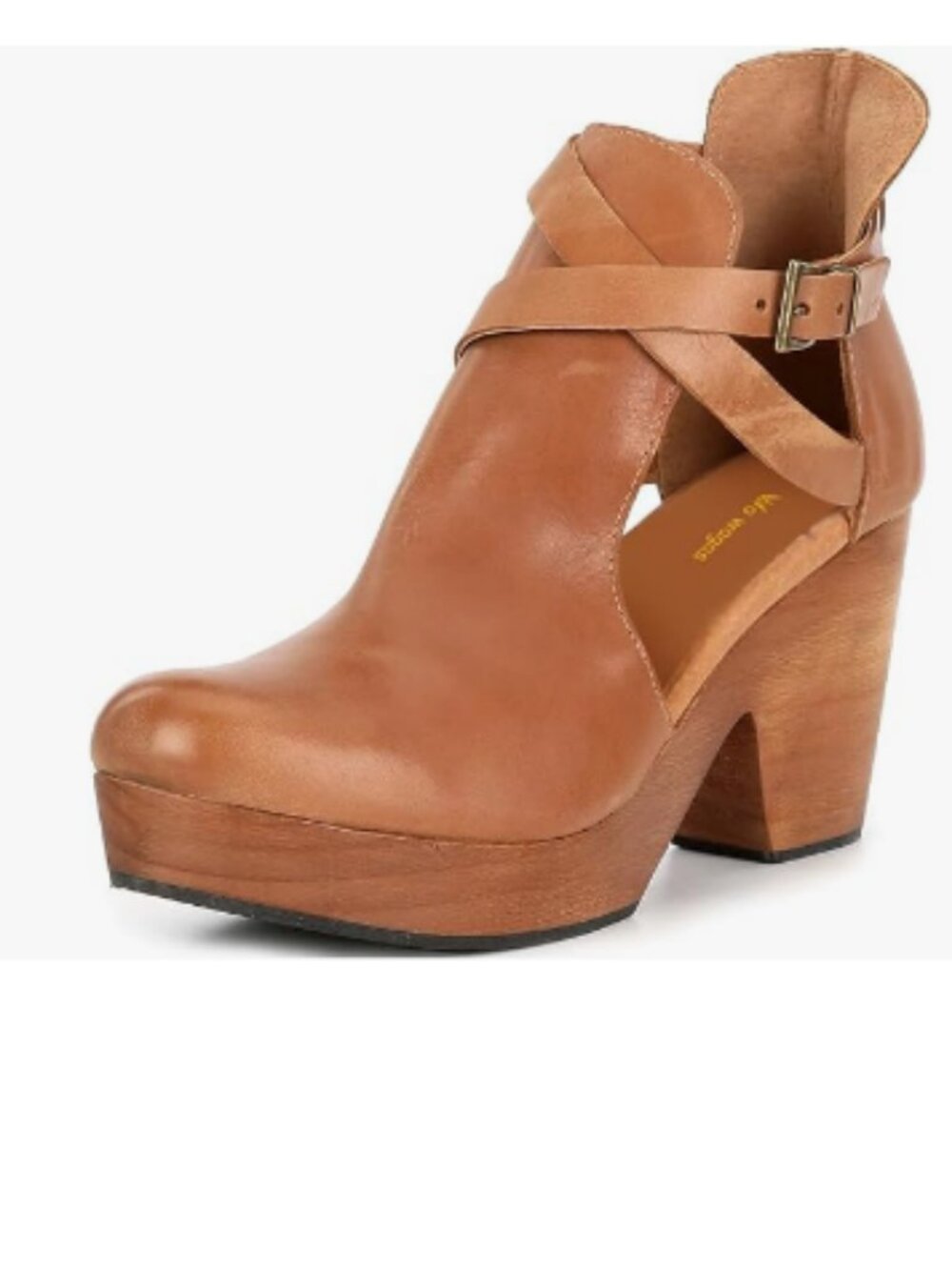 Brown Womens Platform Rounded Toe Cutout Strap Buckle Cork Block Heel Ankle Boot